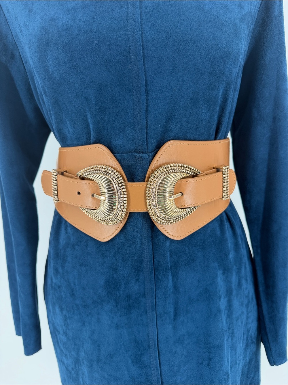 Women’s Western Double Buckle Corset Waist Belt M/L Tan Gold Boho - Picture 3 of 7
